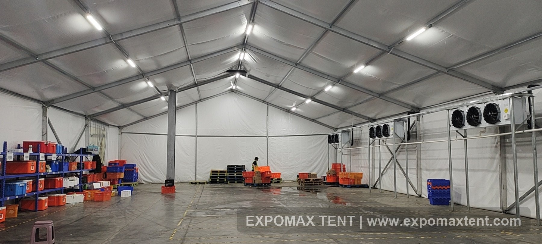 Interior of insulated tent used for cold storage operations