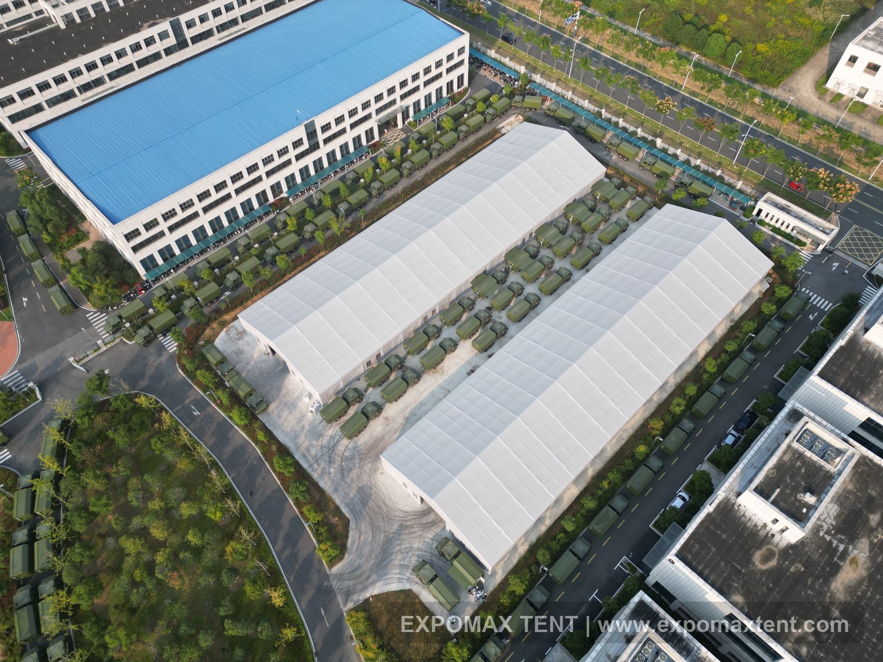 Large warehouse tent project aerial view