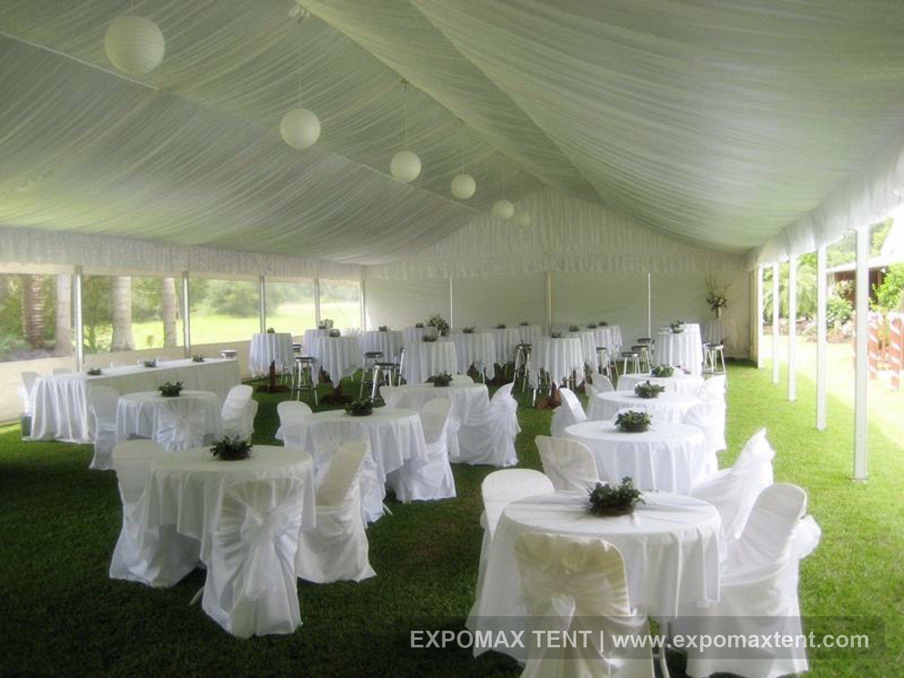 Wedding and party tent interior with banquet seating