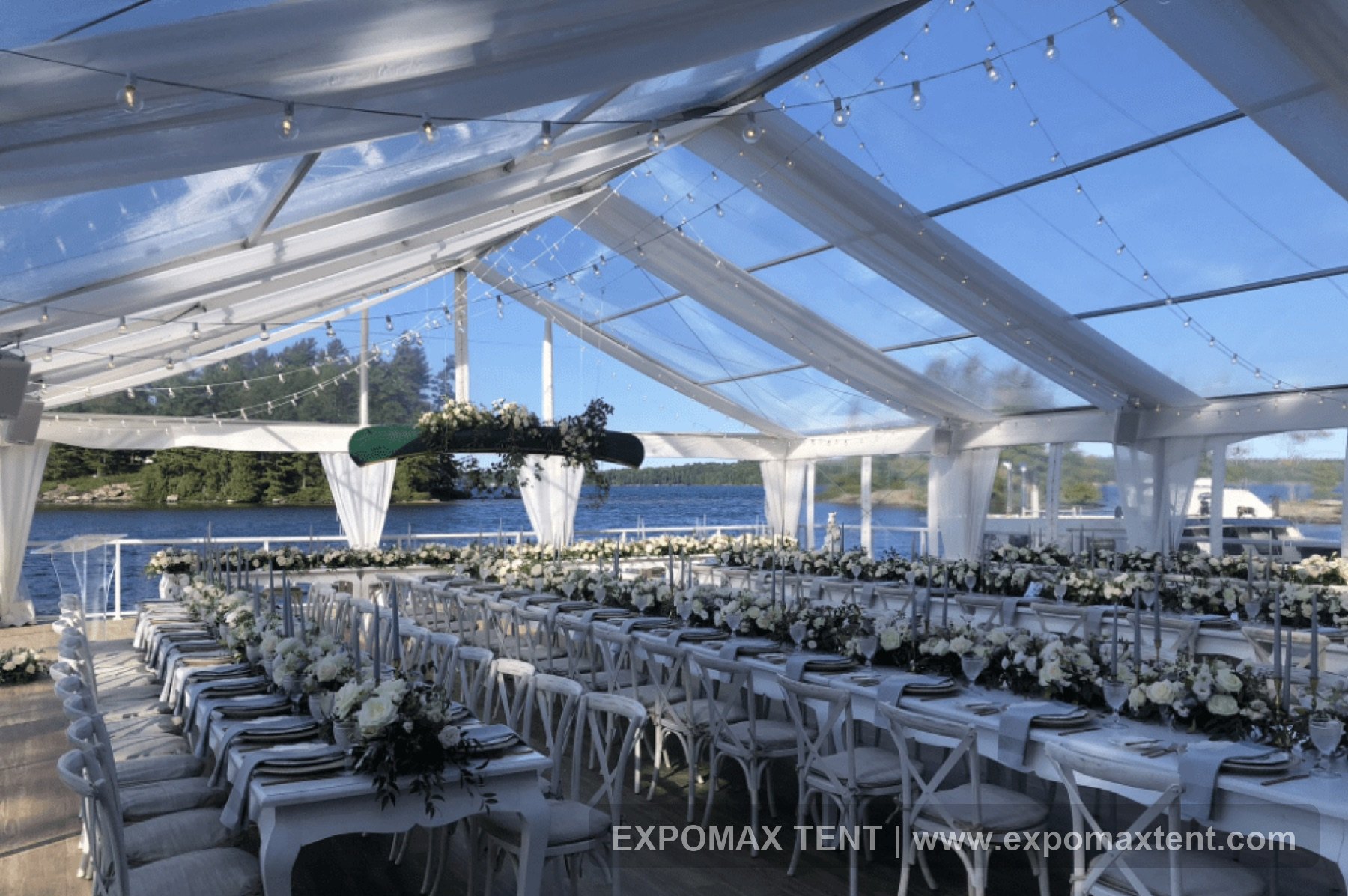 Clear roof wedding tent with dining setup