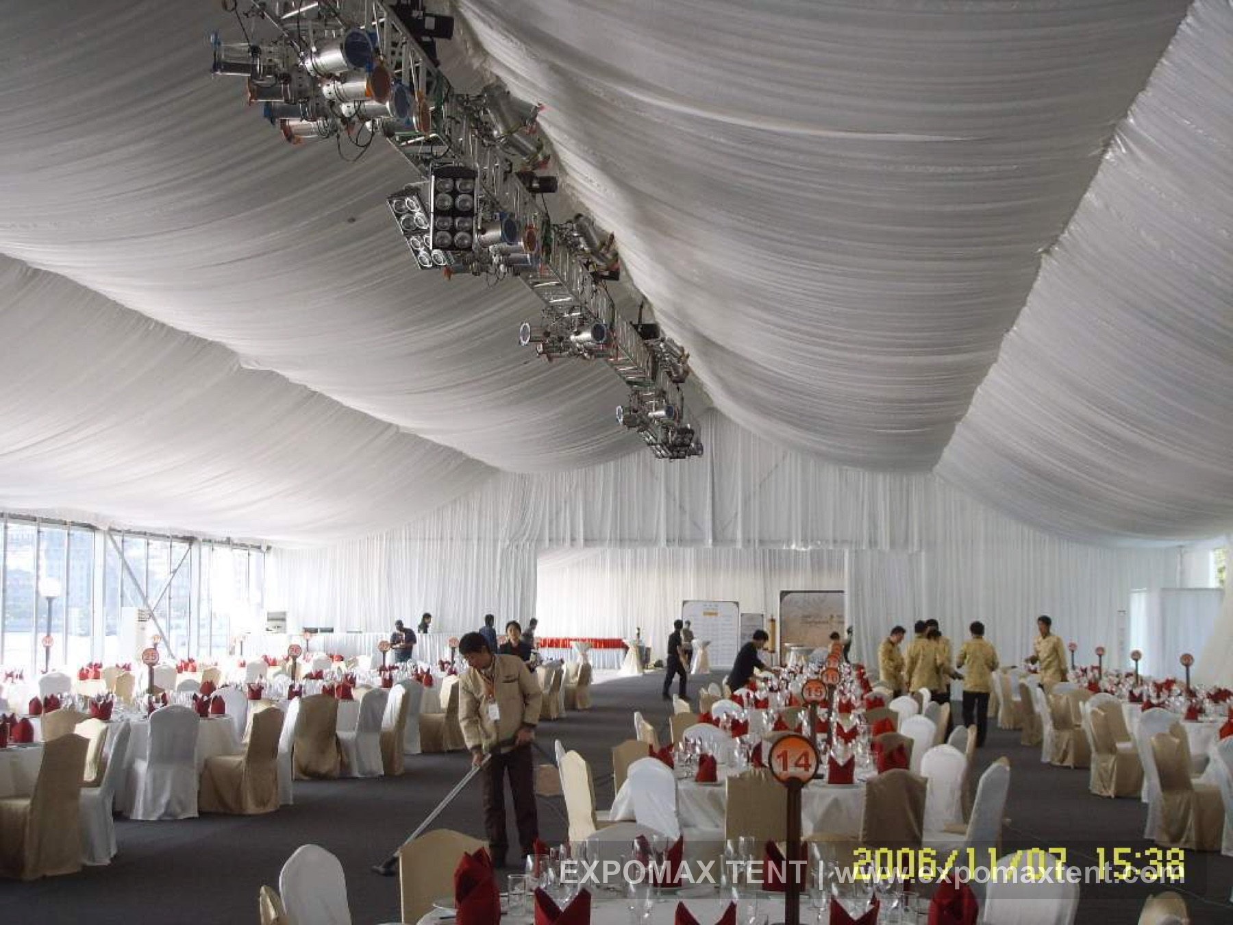 Banquet tent with white drapery